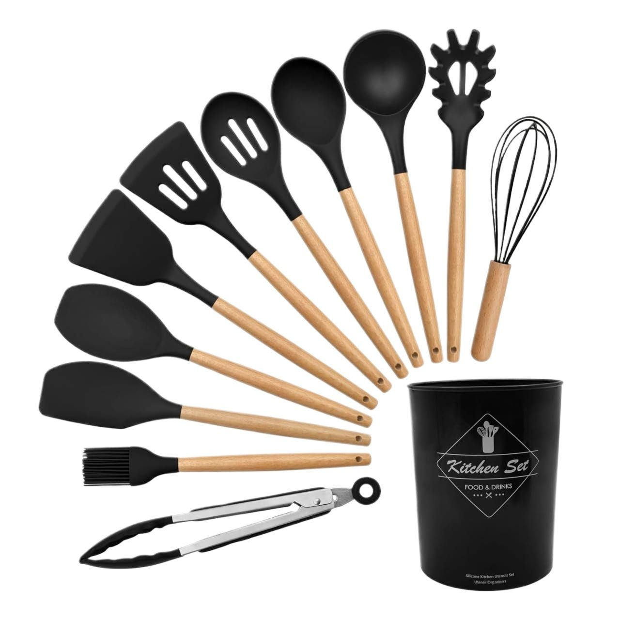 12 Pcs Silicone Kitchen Utensil Set with Wooden Handles - Image 4