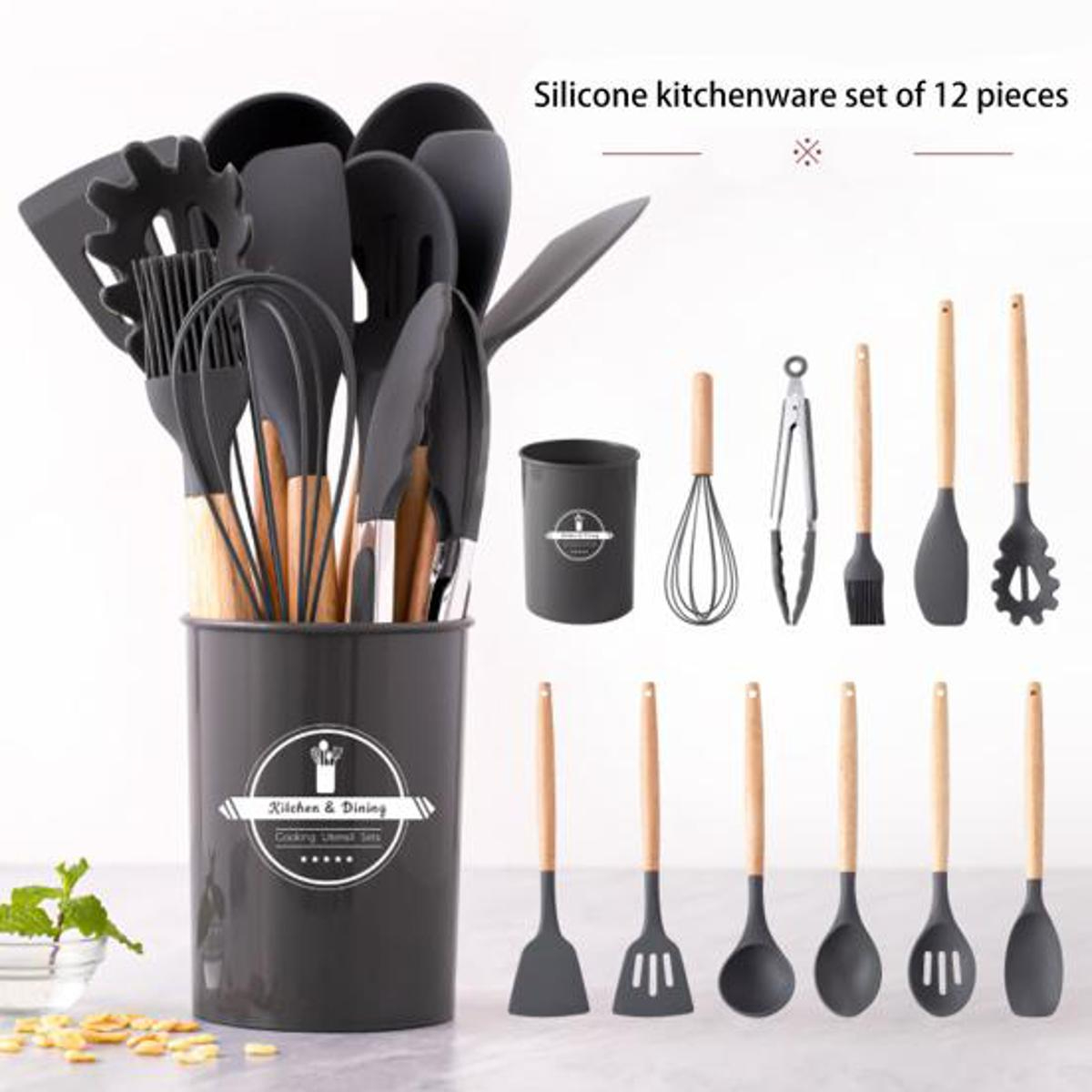 12 Pcs Silicone Kitchen Utensil Set with Wooden Handles - Image 2