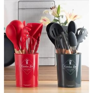 12 Pcs Silicone Kitchen Utensil Set with Wooden Handles