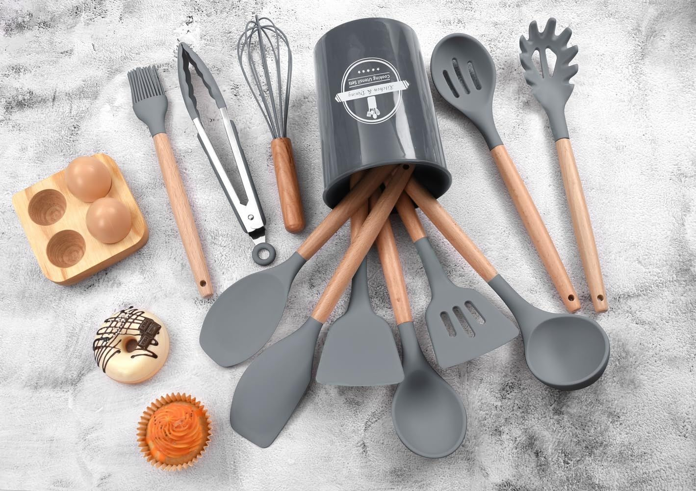 12 Pcs Silicone Kitchen Utensil Set with Wooden Handles - Image 9