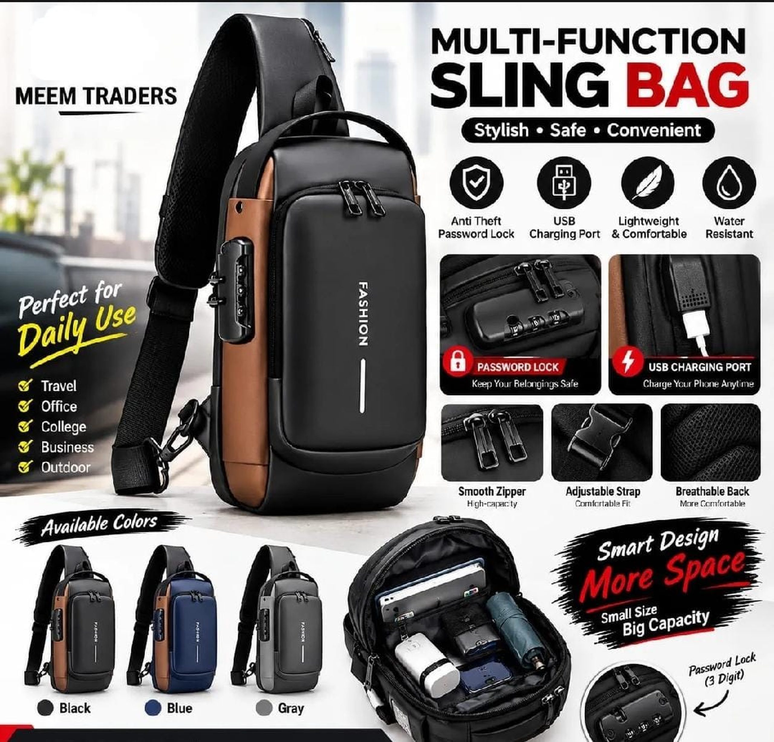 Anti-Theft Crossbody Sling Bag with USB Port - Image 4