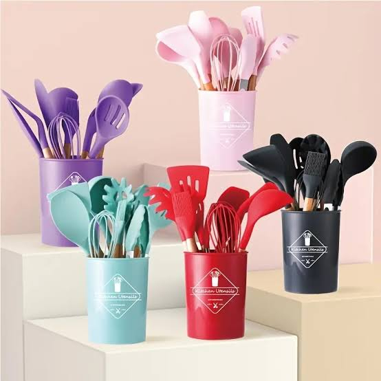 12 Pcs Silicone Kitchen Utensil Set with Wooden Handles - Image 3